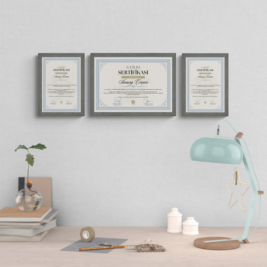 Gri Ahşap Çerçeve – Belge, Sertifika Çerçeveleri - A3, A4, A5 Kağıt Boyutlarına Uygun