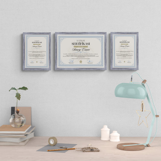 Gri Eskitmeli Ahşap Çerçeve – Belge, Sertifika Çerçeveleri - A3, A4, A5 Kağıt Boyutlarına Uygun