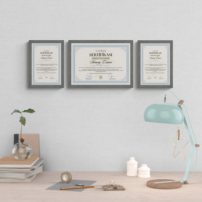 Gri Ahşap Çerçeve – Belge, Sertifika Çerçeveleri - A3, A4, A5 Kağıt Boyutlarına Uygun